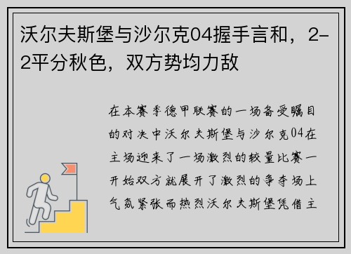 沃尔夫斯堡与沙尔克04握手言和，2-2平分秋色，双方势均力敌